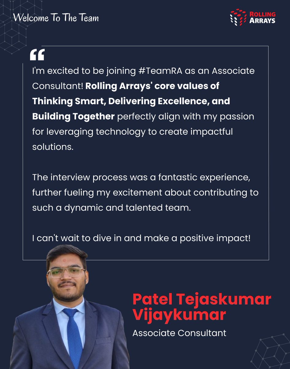 We're thrilled to welcome our newest member Tejas Patel to #TeamRA! Please join us in welcoming Tejas to our family!

We're looking forward to the innovation and energy Tejas will bring to our projects. Welcome aboard, Tejaskumar! 

#NewBeginnings #NewHire #WelcomeToTheTeam