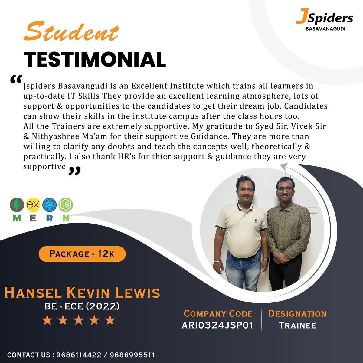 🎉That's wonderful! Congratulations to Hansel on his placement. It's always great to hear about someone achieving their goals.🎉
#jspiders
#JobSuccess
#NewBeginnings
#CareerJourney
#CongratulationsSonu
#DreamJobAchieved
#CelebratingSuccess
#CareerMilestone
#SuccessStoryStarts