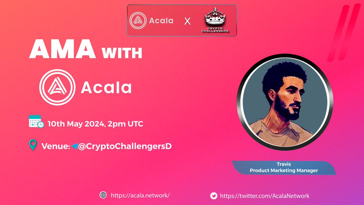 CryptoChallengers Announced our Special #AMA with @AcalaNetwork on 10th May 2024 | 2 PM UTC VENUE t.me/CryptoChalleng… 1. Follow : @c_challengers @AcalaNetwork 2. Like & rt 🥂 Be Ready!