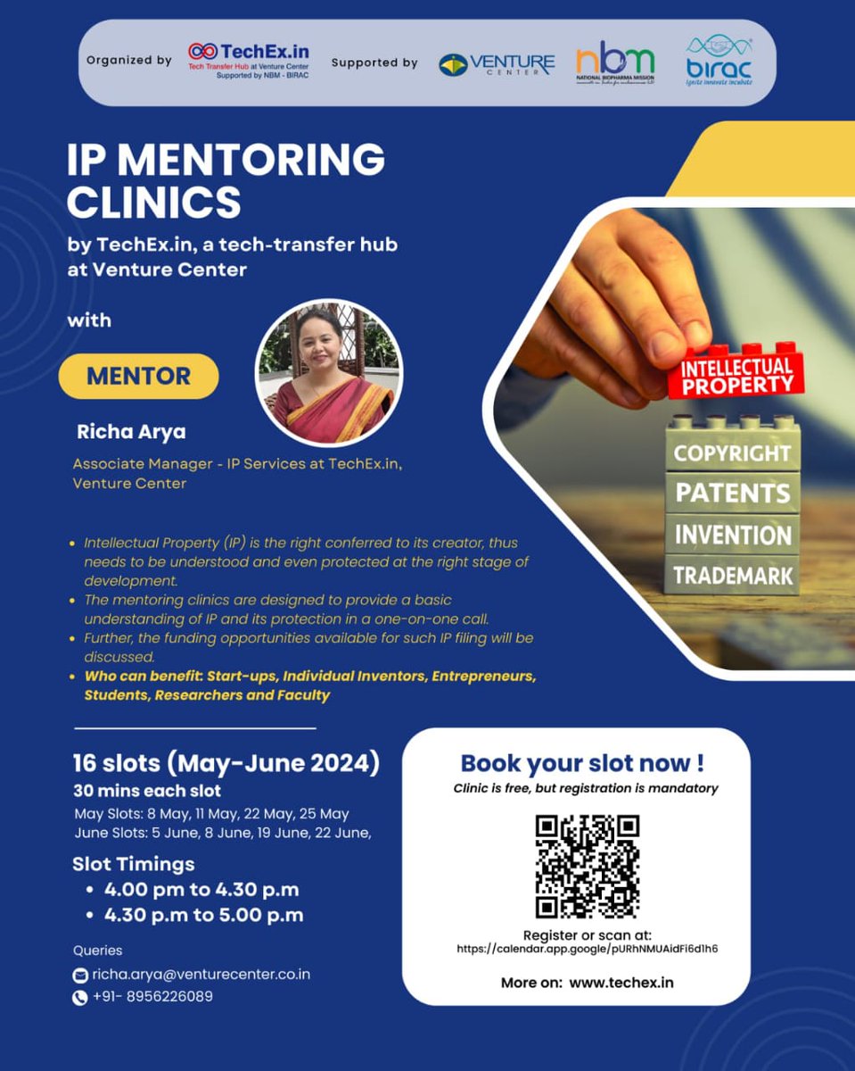 Announcing #IP #mentoring clinics designed to provide a basic understanding of the IP and its protection in a one-on-one call. May 2024: 8th, 11th , 22nd & 25th | June 2024: 5th, 8th , 19th & 22nd; 4.00-4.30 p.m, 4.30-5.00 p.m. Book now: calendar.app.google/pURhNMUAidFi6d… #pune #tto