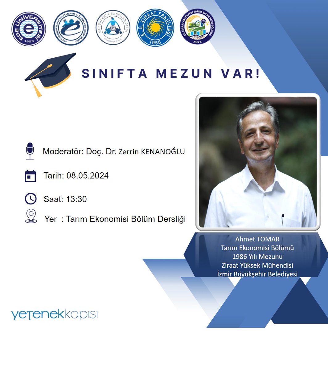 Ziraat Fakültesi Tarım Ekonomisi Bölümü, Ziraat Fakültesi Toprak Bilimi ve Bitki Besleme Bölümü, Ziraat Fakültesi Zootekni Bölümü Mezunları Sınıfta Mezun Var etkinliği kapsamında sınıflarımıza konuk oluyor.

<a href="/ProfNecdetBudak/">Prof.Dr.Necdet BUDAK</a>
<a href="/egeziraat1955/">E.Ü. Ziraat Fakültesi</a>