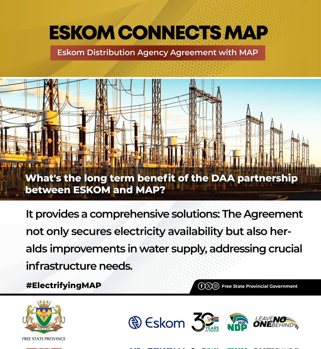 How does the Distribution Agency Agreement (DAA) between @Eskom_SA and MAP benefit Maluti-a-Phofung Local Municipality and its residents? @CogtaFree @dukwana_mxolisi #ElectrifyingMAP #30yearsofdemocracy