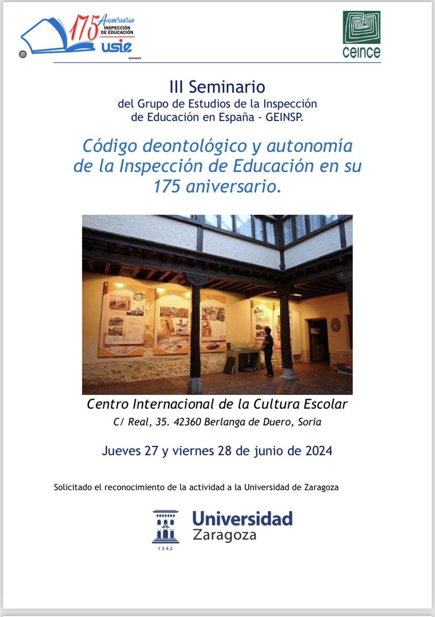josemlozano's tweet photo. #Inspección175aniversario

Ill Seminario: Grupo de Estudios de la Inspección de Educación en España #GEINSP de @USIE_inspeccion 

Código deontológico y autonomía de la Inspección de Educación en su
175 aniversario.

📅27 y 28 de junio  
📍@CeinceEs 

📝 https://t.co/dXLKIjip8a https://t.co/ZQITSkRoPQ