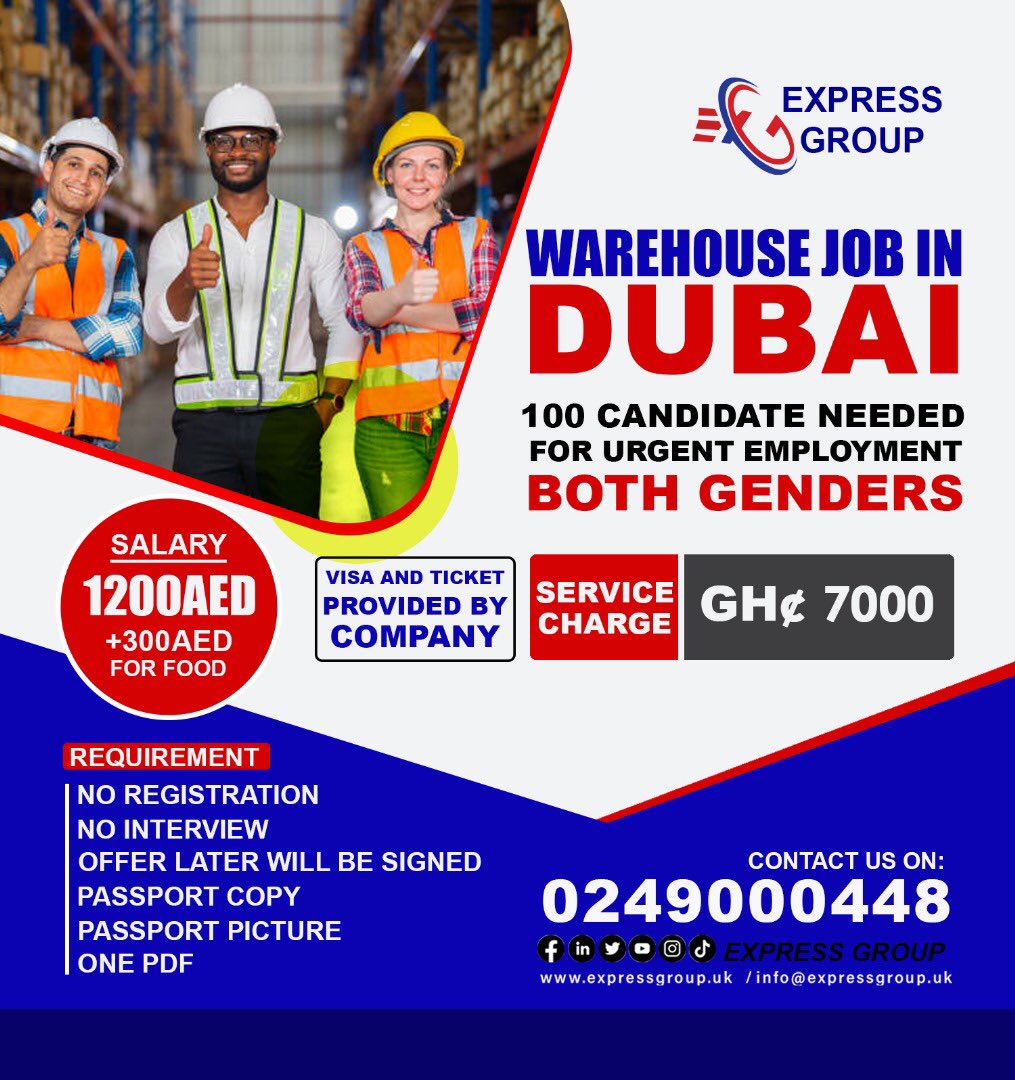 Exciting opportunity in Dubai! 
Act fast!
You can call us  on 0552827787 / 0598988987

whatsapp.com/channel/0029Va…

Or visit our official website- expressgroup.uk 

#ExpressGroup #traveltheworld #travelabroad #workabroad #studyabroad #ielts #travelandtourism #traveladdict