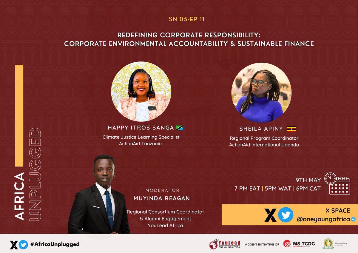 📢This week on #AfricaUnplugged, a conversation on Corporate Environmental Accountability 🗣 Join us on X SPACES THIS THURSDAY! 📅 Thursday 9th May ⏰ 7pm EAT ✅ Tag a friend @ReaganMwebaze0 @happy_itros @actionaiduganda @ActionaidTz