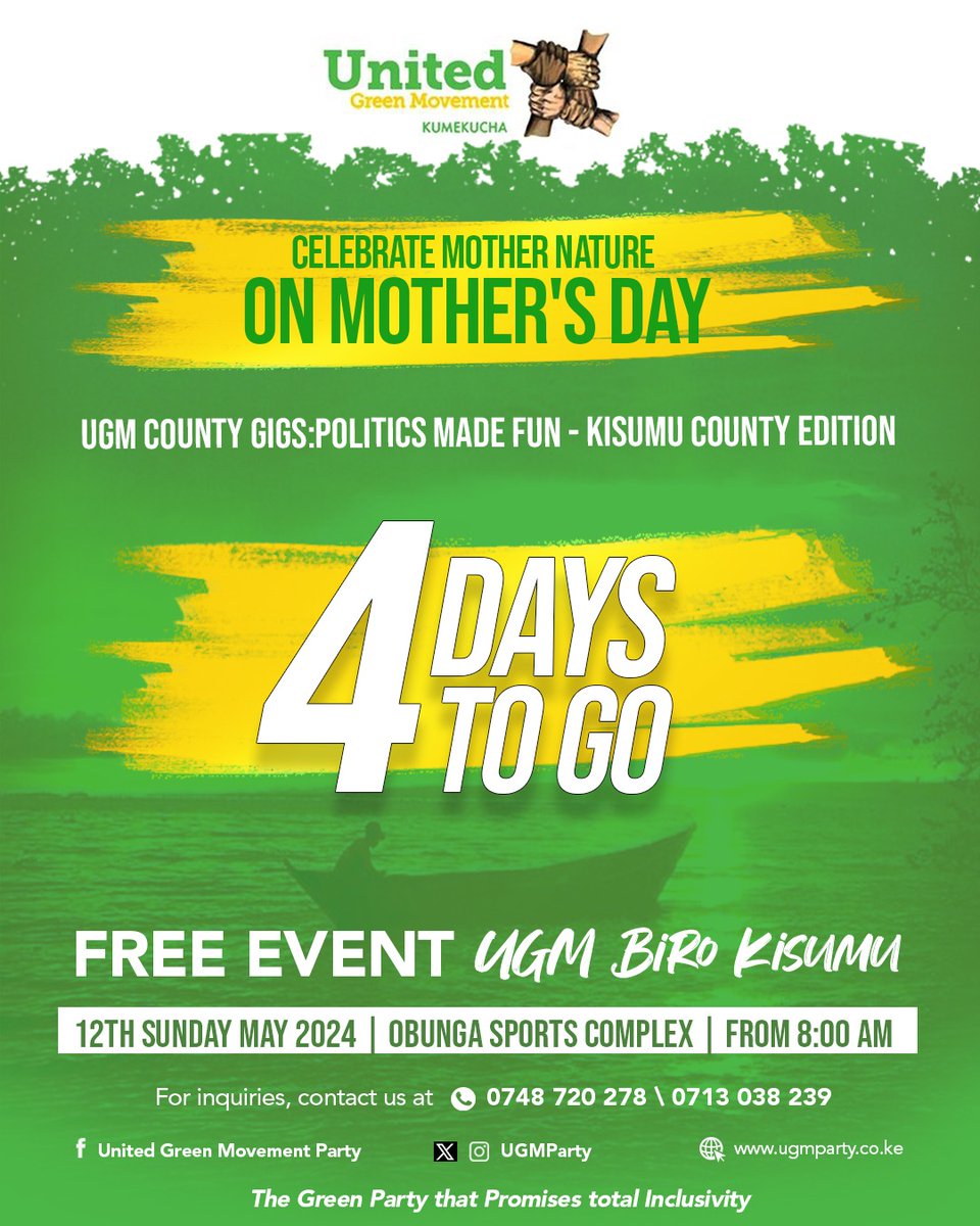 UGMParty's tweet photo. Only 4 days to go Greens!! This #MothersDay , @UGMParty celebrates #MotherNature & advocates for its respect & honour as we acknowledge all the ecosystem services that we benefit from Mother Earth.
Join us?
#UGMCountyGigs #GreenPolitics
#POLITICSMADEFUN #KUMEKUCHA๐๏ธ https://t.co/q1UPOHATy7