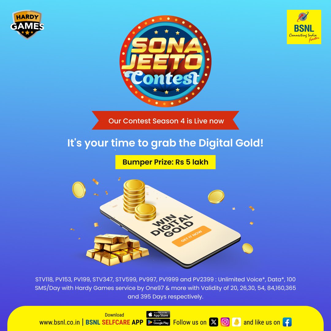 Get ready to level up your gaming experience with #HardyGames! Win big with digital gold, exclusively on #BSNL prepaid plans.

Download #BSNLSelfcareApp 
Google Play: bit.ly/3H28Poa 
App Store: apple.co/3oya6xa 
#BSNLOnTheGo #DownloadNow #BumperPrize