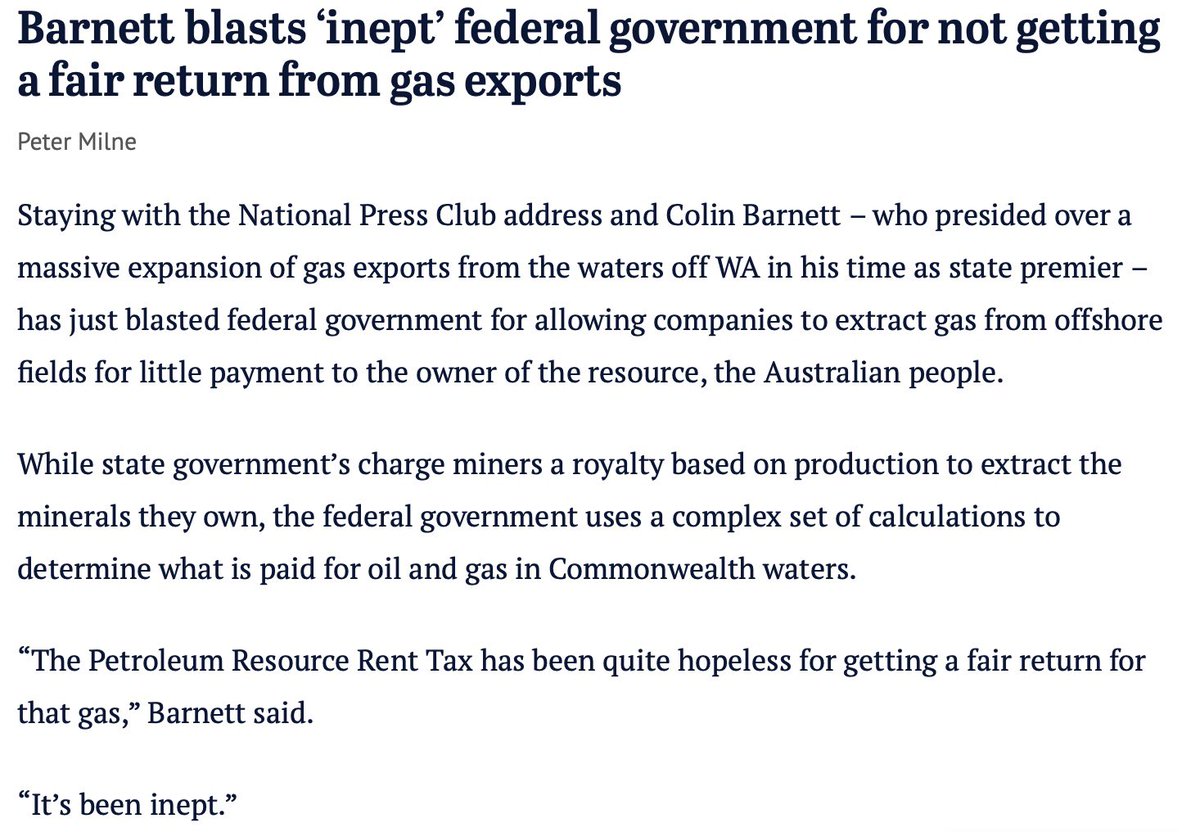 Former conservative Premier of WA Colin Barnett has slammed the federal government for essentially giving away Australia’s offshore gas at NPC today. Pretty much exactly what the @TheAusInstitute said in our WA gas report released yesterday #auspol australiainstitute.org.au/report/gas-in-…