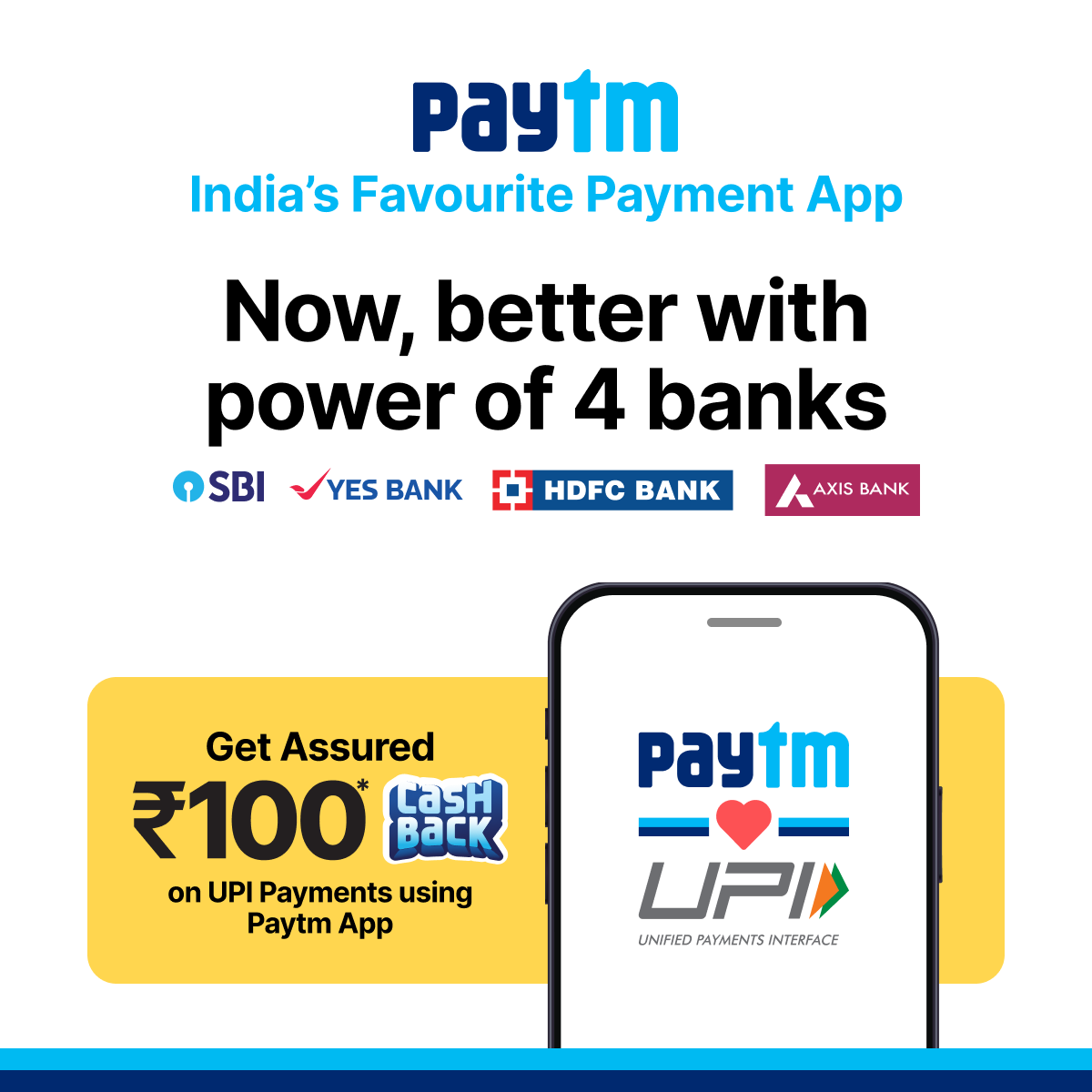 #Paytm is India’s favourite payment app! 🚀 Now, better with power of 4 banks   

Get assured Rs 100 cashback on UPI payments using Paytm app: p.paytm.me/xCTH/zgd9m7vf 

#PaytmKaro @YESBANK @AxisBank @HDFC_Bank @TheOfficialSBI