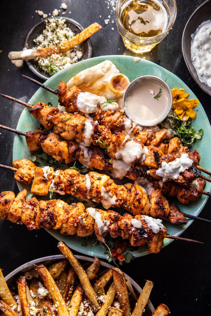 New! Chicken Tzatziki Skewers with Feta Fries, These skewers never disappoint. Add a side of homemade garlicky feta fries + ketchup for a deliciously fun family dinner. halfbakedharvest.com/chicken-tzatzi…