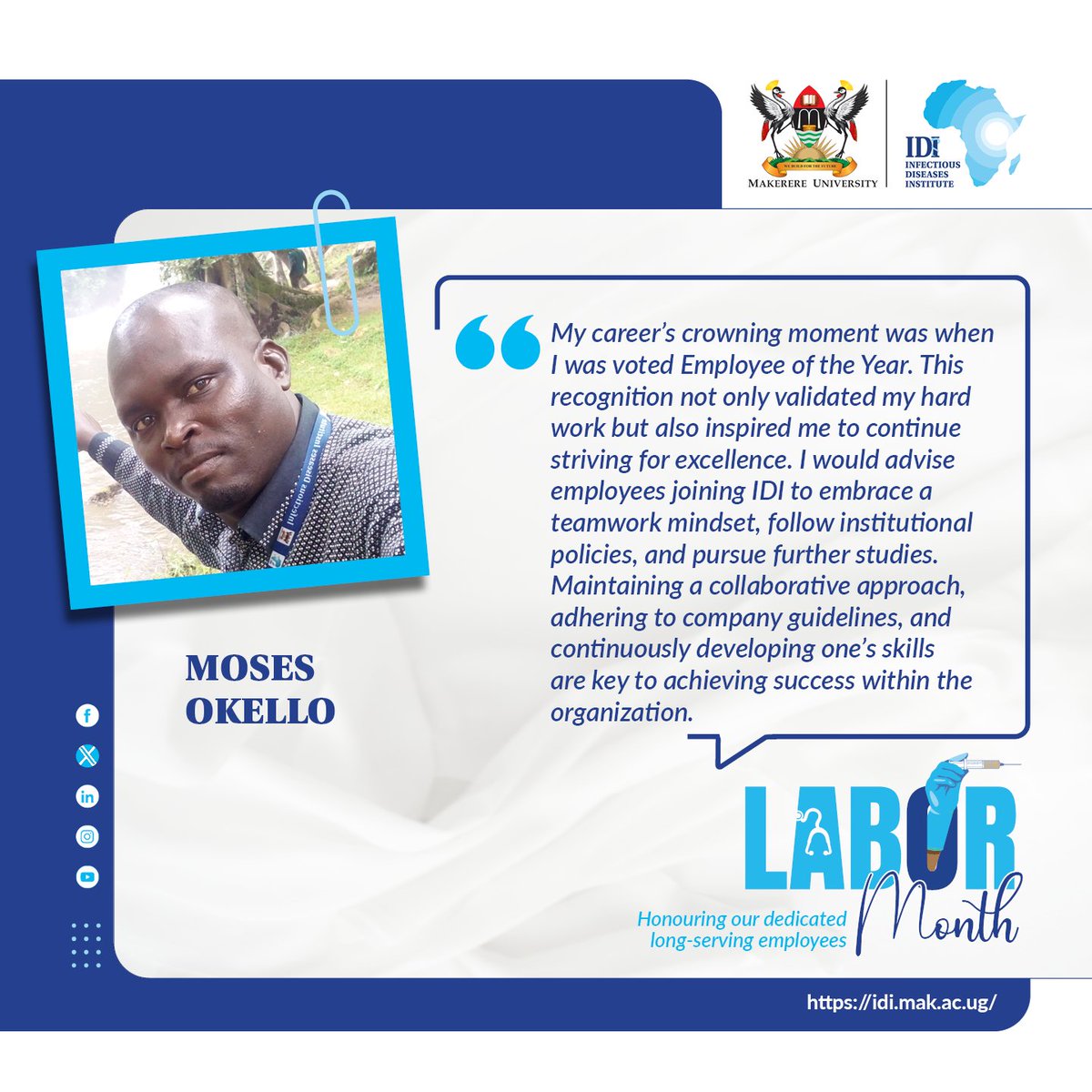 Today, we celebrate Moses Okello, whose career journey from a cleaner to Facilities Assistant at @IDIMakerere exemplifies excellence. Moses oversees a team of maintenance workers, security guards, the estate, and staff welfare. Asante bwana! #OneIDI