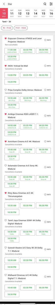 #Star Booking  now opened in #madurai @Gopuram_Cinemas @Priya_Cinemas @AmirthamCinemas @RadianceCinema @INOXMovies @SCiniemas @RitzyCinemas @ganesh_cinemas @midlandcinemas #AmbigaCinemas #TamilJeya.. Still more screens to add ✌️ #Kavin #Elan #Yuvan magic #STARfromMay10