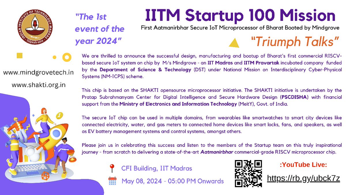 @IITMadras is proud to announce, 'Triumph Talk', a series focusing on 'IITM Start-up 100 Mission'. Celebrating the success story of Bharat's first microprocessor chip - Secure IoT by @MindgroveTech @IITMPravartak @EduMinOfIndia @CFI_IITM @GoI_MeitY Watch: youtube.com/watch?v=GvKZU5…
