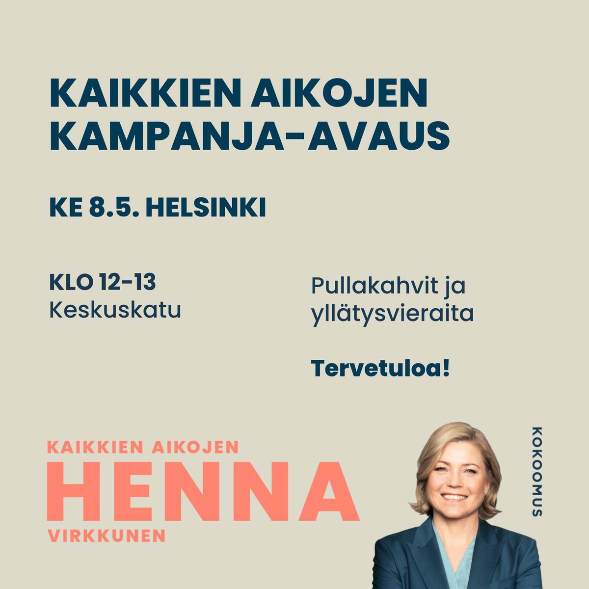 Tänään keskiviikkona #Kaikkienaikojen -kampanjanavaus Helsingissä klo 12. Mukana @paularisikko @elinavaltonen @sannigrahn @SariMultala. Tervetuloa mukaan! #KaikkienaikojenHenna #eurovaalit24