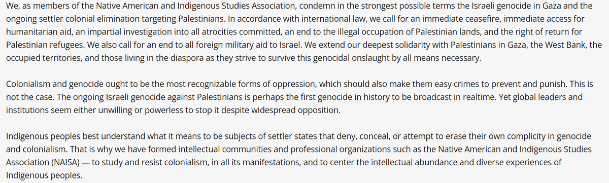 Statement by the Native American & Indigenous Studies Association (@NAISA__ ) on #Indigenous #solidarity with #Palestine and opposition to #settlercolonialism & #genocide in #Gaza.   

Read full text of statement by #NAISA's council here: naisa.org/about/council-…