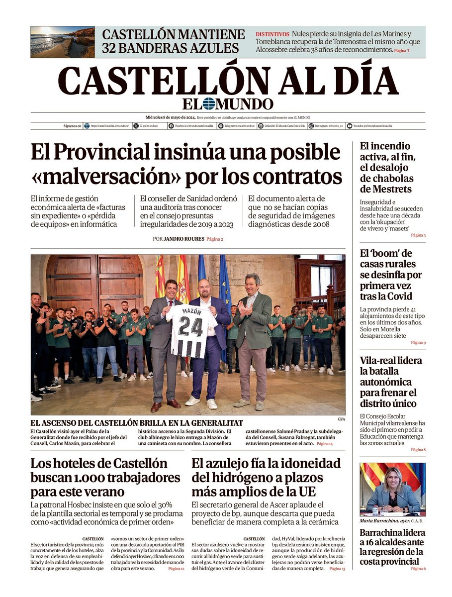ximogorriz's tweet photo. Hoy miércoles 8 de mayo en las #portadasdeCastellón, #hoteles #trabajadores @turcastellon @chpcastellon #auditoría @cdcastellon @LaLiga2 @generalitat @carlos_mazon_ #RosaElenaSolsona #banderasazules #ITV #CentenariLledó #incendio #chabolas @albechavarria @ajvila @barrachinaMarta https://t.co/6UqgpjGe7u