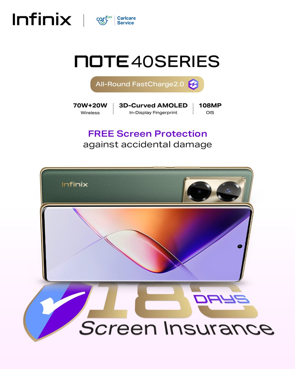 Good news to all Infinixers! The Infinix NOTE 40 Series comes with 180 days of Screen Insurance Courtesy of CarlCare. #InfinixNOTE40SeriesKE