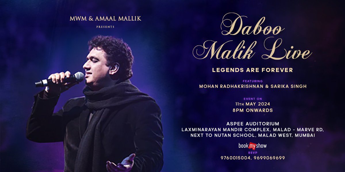 3 days to go for the most mesmerising night! ✨❤️

Can’t wait to watch my dad take the stage for his special ‘Legends Are Forever’ concert in Mumbai at the Aspeee Auditorium 📍

Last few tickets left: in.bookmyshow.com/events/daboo-m…

@daboomalik @bookmyshow
