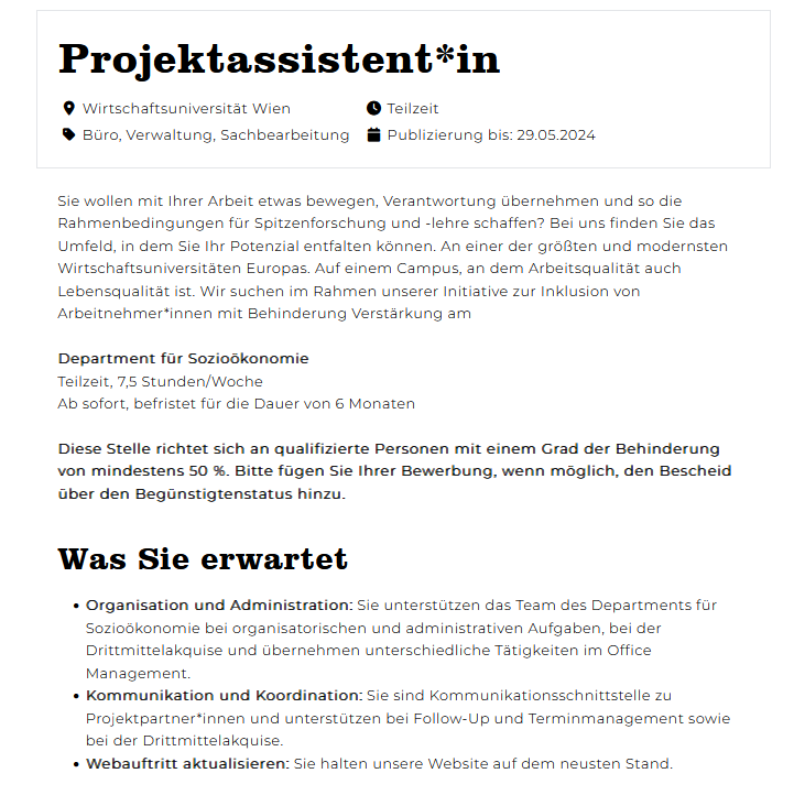 Für den Aufbau einer interdisziplinären Forschungsplattform @wu_vienna suche ich ein*e Projektassistent*in. Es handelt sich um eine Inklusionsstelle, Bewerber*innen müssen mind. 50% Behinderung nachweisen können. Freue mich auf Bewerbungen hier: wu.ac.at/karriere/arbei…