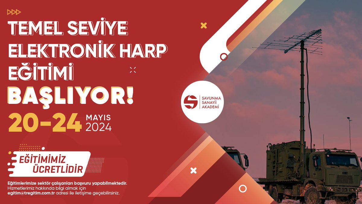 📢 Temel Seviye Elektronik Harp Eğitimi başlıyor! 🗓️20-24 Mayıs 2024 Bilgi almak ve kayıt oluşturmak için ➡️ egitim@tregitim.com.tr #SavunmaSanayiiAkademi #eğitim