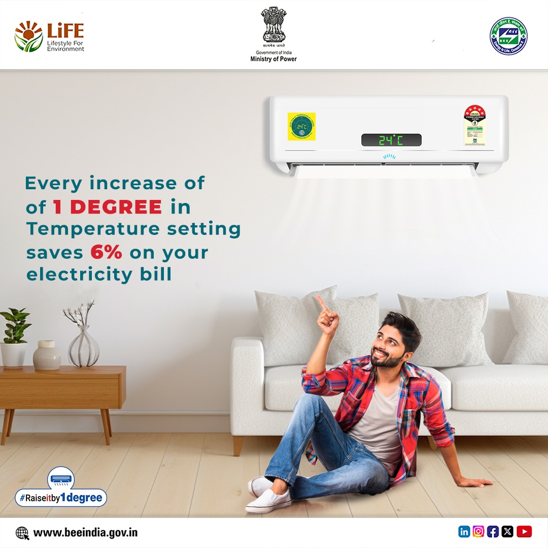 Energy conservation and saving money are both in our hands. By increasing the AC temperature by 1 degree above 18°C, we can save 6% electricity. Let's reduce high CO₂ emissions that are damaging our planet.

#RaiseItBy1Degree #energysavingtips #SaveEnergy #SavePlanet