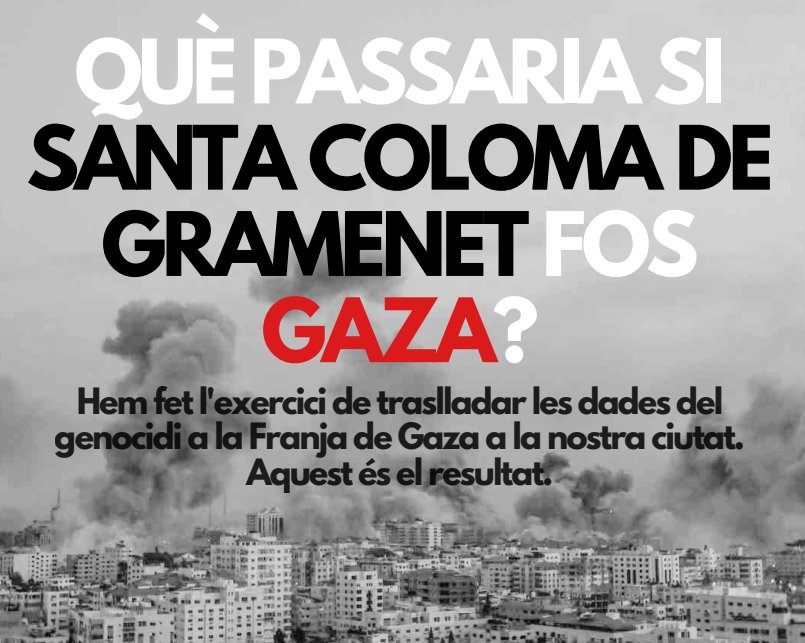 Ens preguntem què passaria “Si la ciutat de #SantaColoma de Gramenet fos #Gaza”. Us presentem una sèrie d’infografies amb dades sobre les víctimes de l’actual guerra-genocidi dels palestins de Gaza. 
Imatges 🖼️ SUMUD-Palestina (Paula Pintor)
Llegeix aquí ➡️infograma.cat/si-santa-colom…