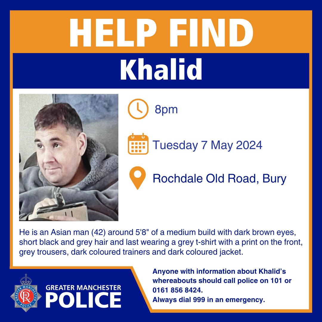 #MISSING | Can you help us find a man originally from #Rochdale but last seen in #Bury on Tuesday evening? Our officers are becoming increasingly concerned and want to make sure he is safe and well. Get in touch with us through 101 if you have any information or sightings.
