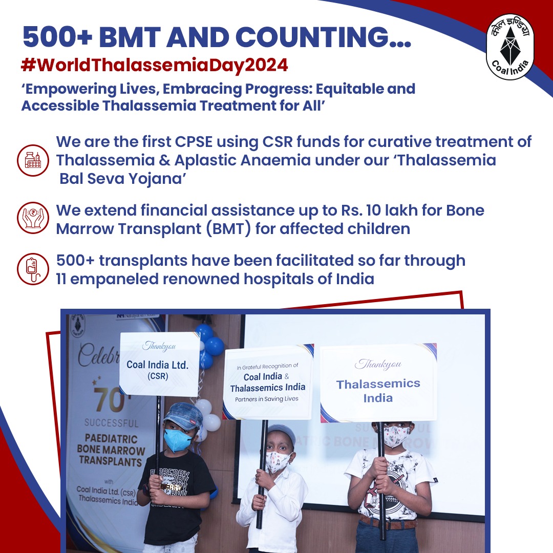 500+ BMT AND COUNTING... #worldthalassemiaday2024 #CoalIndia @Coalministry | @thalindia | @OffCMCVellore | @rgcirc | @TMCKolkata | @aiims_newdelhi | @SGPGI | @CMCLudhiana | @NHrudayalaya | @KDAHMumbai | @mybmcHealthDept | @fortis_hospital