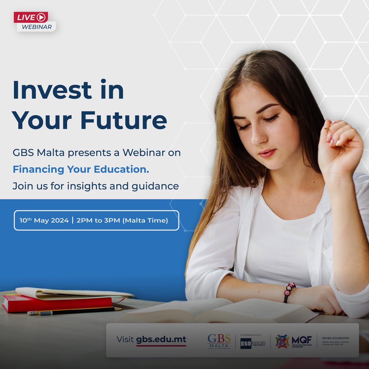 Join us for our webinar on Financing Your Education on May 10th, 2024, from 5:30 pm to 6:30 pm (IST).

Don't miss this opportunity to learn how to make your academic dreams a reality!
 
Register Now: bit.ly/4b5jE67

#GBSMalta #FinancingEducation #StudyinMalta