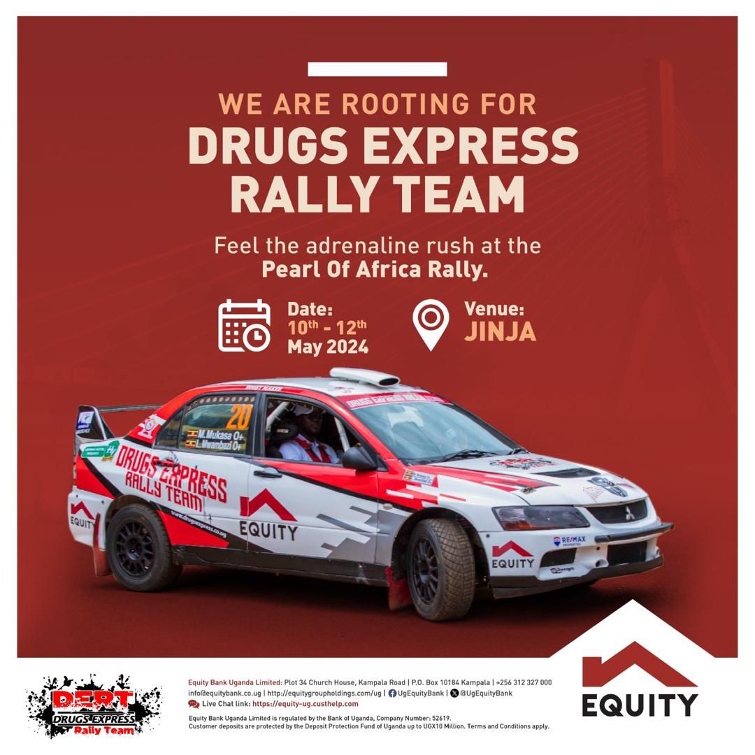 We will be in Jinja this weekend as we cheer on our Drugs Express Rally team at the annual Pearl of Africa Rally. Don't miss out on the excitement as the team races to the top! See you there! #MotorallyWithEquity #POAUR2024 @MotorsportUG