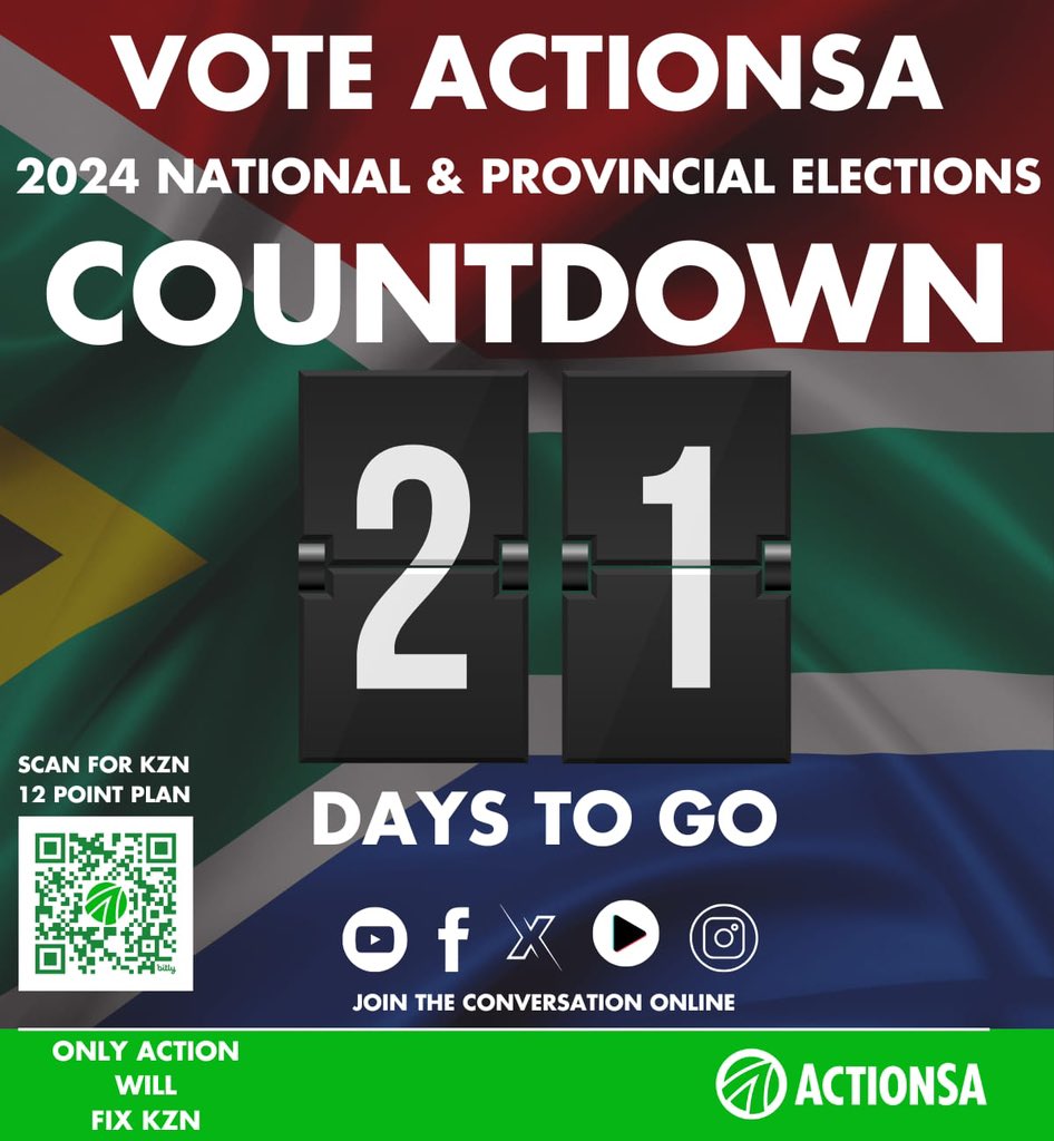 Today marks 21 days until you use your [X] to change our nation for the better.  Vote ActionSA 🗳️ 

#ZwakeleMncwango4Premier #LetsFixOurProvince #OnlyActionWillFixSA #YourKZNOwnIt #RoadToNPE2024 💚🇿🇦
