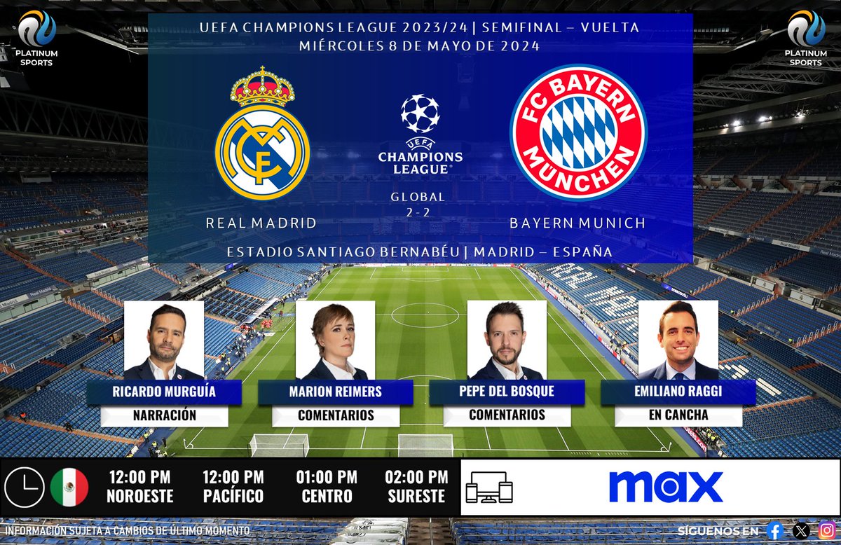 ⚽️ #UCL | 🇪🇸 #RealMadrid vs. #BayernMunich 🇩🇪 🇲🇽📱💻 @StreamMaxLA 🎙️ @RICARDOMURGUIA 🎙️ @LaReimers 🎙️ @PepedelBosque 🎙️📝 @emilianoraggi #BenditaChampions - #RMAFCB