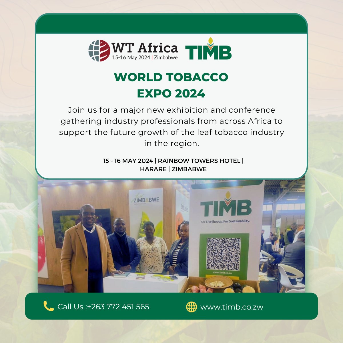 Join me for the Expo, register today!!

#wtafrica24 #Zimbabwe #harare #forlivelihoods #forsustainability #Dubai #tobaccoindustry #networking #worldtobacco #eventprofs #b2bevents #events #tobacconetwork #tobaccosector #eventsindustry #b2b #networking #discoverunder1k #tobacco