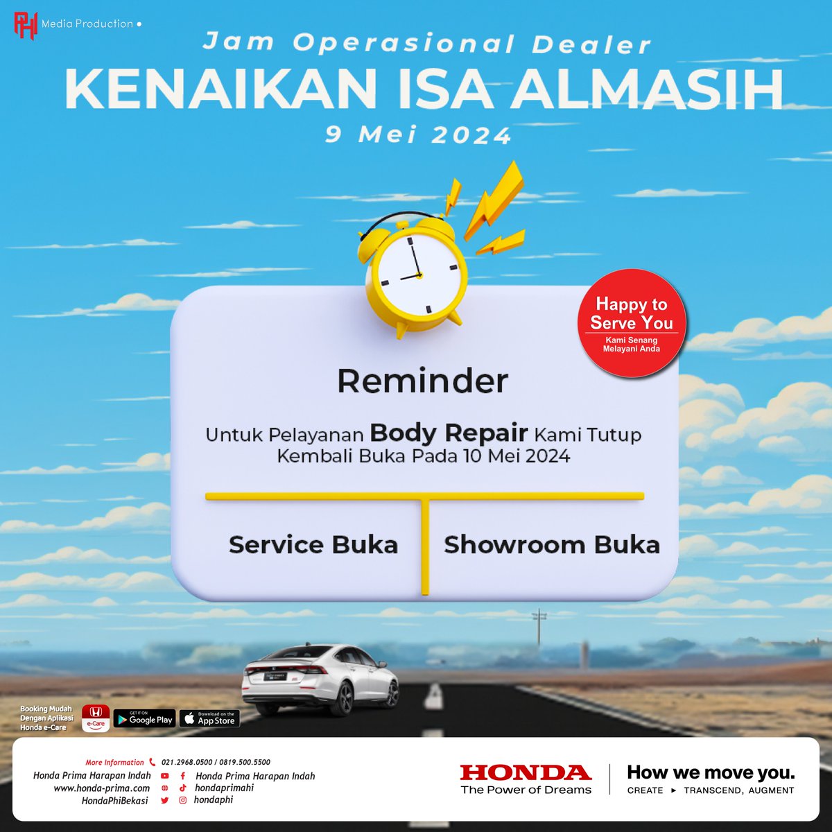 Hallo Honda Lover's
berikut ini adalah info jam operasional dealer Honda Prima Harapan Indah, pada hari Kamis tgl 9 Mei 2024 (Kenaikan Isa Almasih).

#Info #Dealer #KenaikanIsaAlmasih #HariRaya #Honda #Bekasi #Service #Showroom #BodyRepair