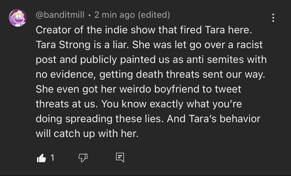 .@tarastrong is still publicly spreading dangerous lies about our indie show and painting us as antisemites for firing her over racist posts. If anybody feels like commenting to give her a piece of your mind, here’s the link youtu.be/F1cHo5pMxaE?si…
