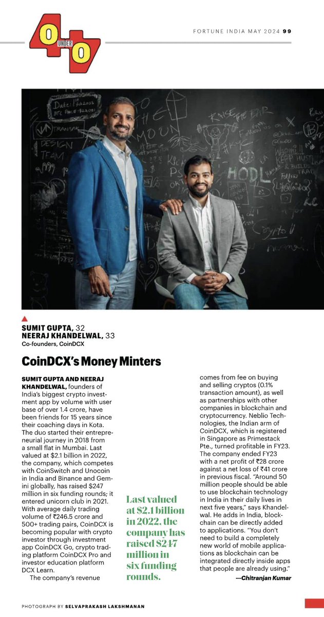 Humbled to be recognized in @FortuneIndia's 40 Under 40 along with other industry leaders! 

@nrjkhandelwal and I started @CoinDCX from a small flat in Mumbai back in 2018, and have experienced many highs and lows over the last six years. The vibrant crypto and web3 community in