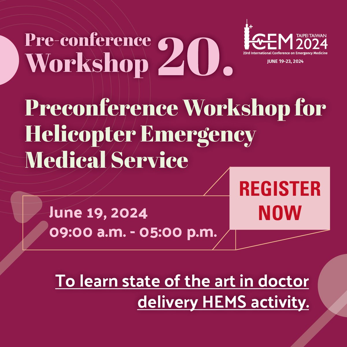 Calling all emergency medicine professionals! Elevate your skills with our preconference workshops designed to sharpen your clinical expertise and enhance patient care. Learn more and register at ICEM24.com