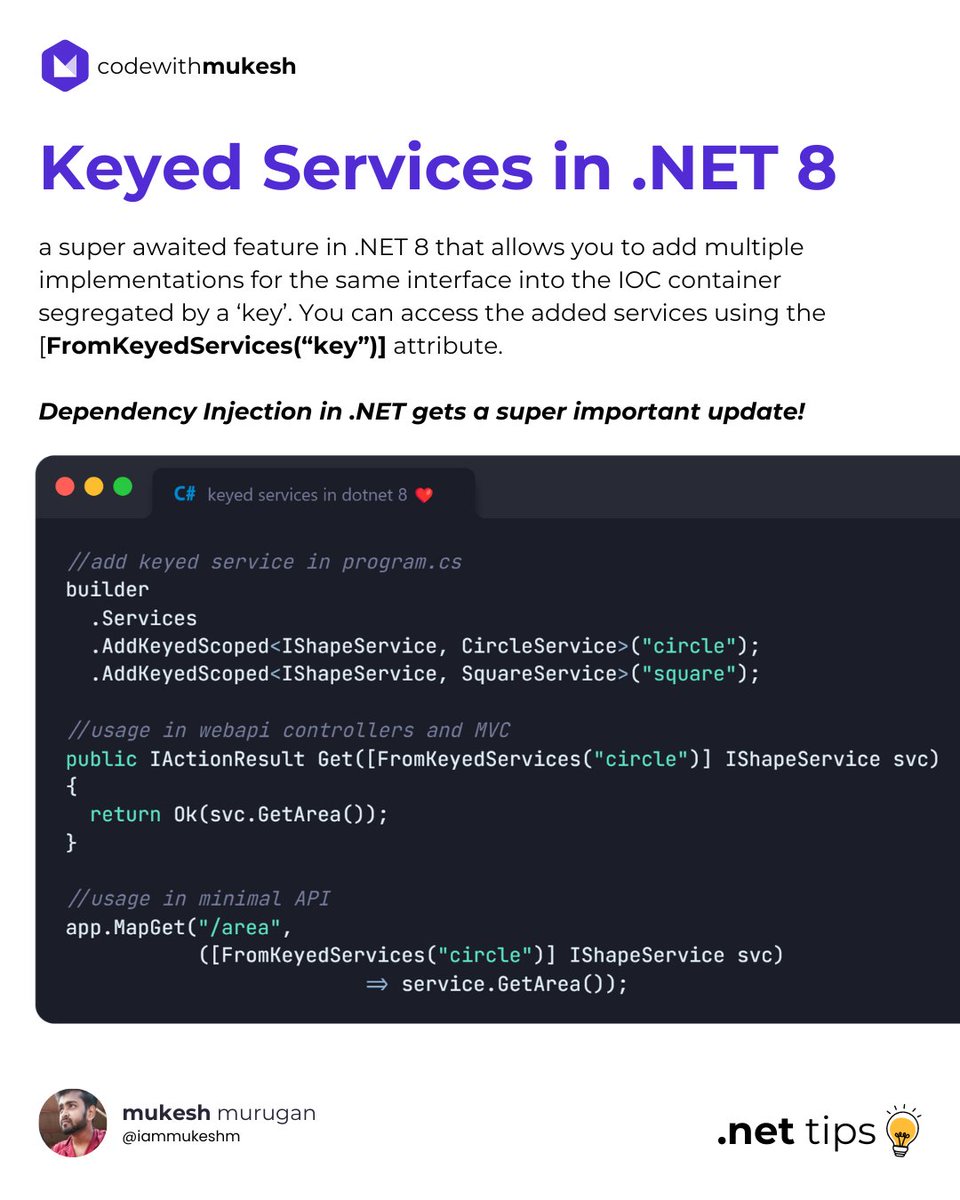 To add multiple implementations against the same interface, you can register each of these interfaces into the DI Container by specifying a key. 

You can retrieve these instances by directly specifying the key you registered with.

#dotnet

Join➡️newsletter.codewithmukesh.com/subscribe
