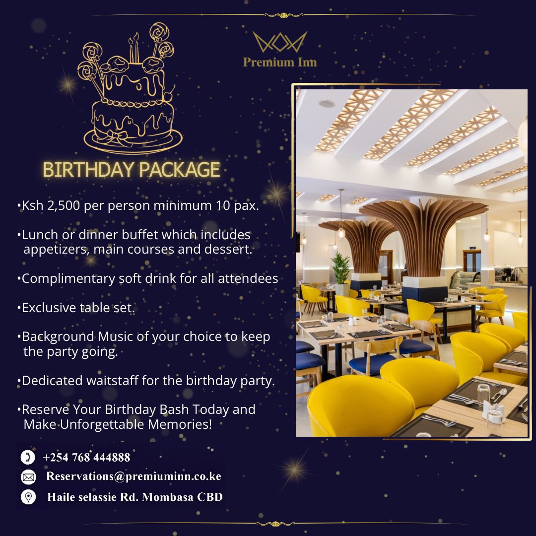 🎉 Celebrate your special day with us! 🎂 Our birthday package includes delicious food, a festive atmosphere, and personalized service to make your celebration unforgettable. Book now to indulge in a culinary experience tailored just for you! #premiuminnhotel #premiuminnmombasa