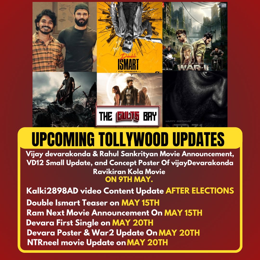 Nonstop updates from TollywoodNews biggies 

#VijayDevaraKonda 
#VD12 #RavikiranKola 
#Kalki2898ADonJune27 #Kalki2898AD 
#DoubleISMART 
#Ram 
#DevaraFirstSingle 
#Devara #War2
#NTRneel #Prabhas #HrithikRoshan 
#NTR31 #NTRBirthdayCDP