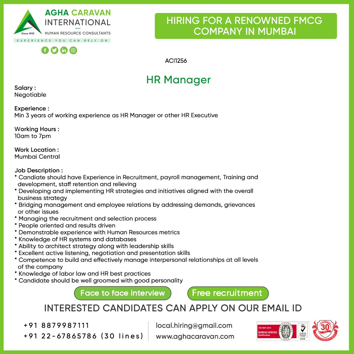 Greetings from Agha Caravan! Kindly apply on the given email with your updated CV and position in the subject line. 
Thank you. 
#acijobs #jobseekers #mumbaijobs #mumbai #hrmanager #hrexecutive #urgenthiring #manager #applynow #jobvacancy #Jobopportunity
