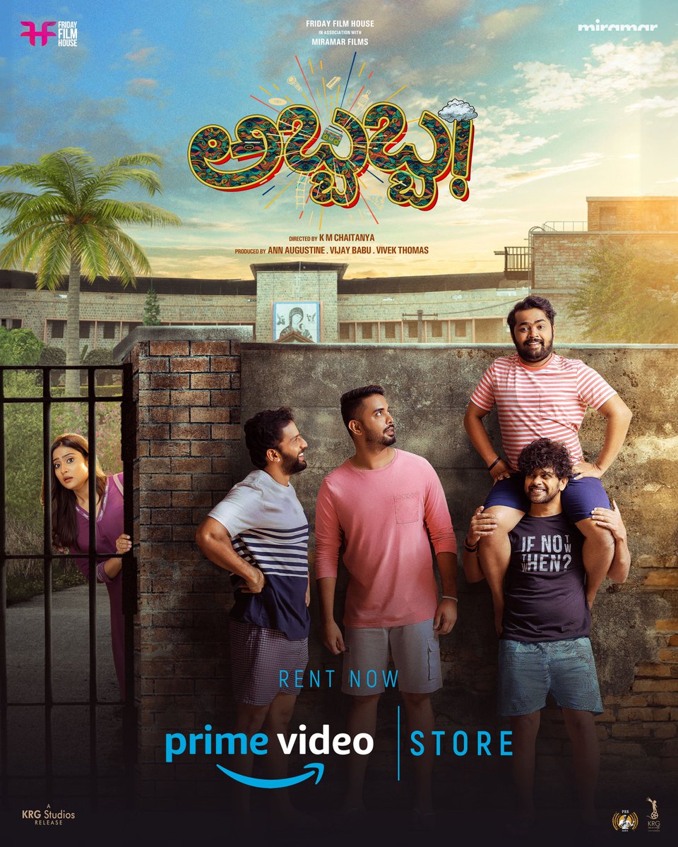 #Abbabba enters @PrimeVideoIN 🤩 Watch out and laugh out loud! #KMChaitanya #MiramarFilms @LikithShetty @actorajayraj #ThandavRam @AcharDhanraj @amrutha_iyengar #AnnAugustine #VivekThomas @PRKAudio @KRG_Studios @KRG_Connects