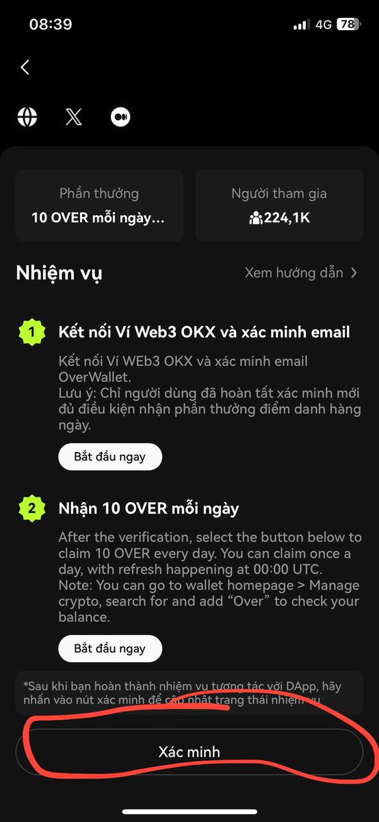hoang26894211's tweet photo. ❇️ Hướng dẫn chi tiết cho ae nào chưa làm được  kèo aidrop trên Okex

B1: Vào ví OKX, Khám phá => Cryptopedia => OverProtocol

B2: Xác minh trạng thái nhiệm vụ => Kết nối ví OKX và xác minh email => nhập mail của Over

B3: Vào Over, Setting => OKX x OVER => Confirm

B4: Quay lại ví OKX, ấn vào Xác minh như hình

B5: Vào “Nhận 10 OVER mỗi ngày” => Đã hoàn tất => Get Started để claim Over

❇️ Địa chỉ ví Over - ae nào cần thì chéo nhé

0x7D836Cd46571947652D02D06AD4536013899aae8