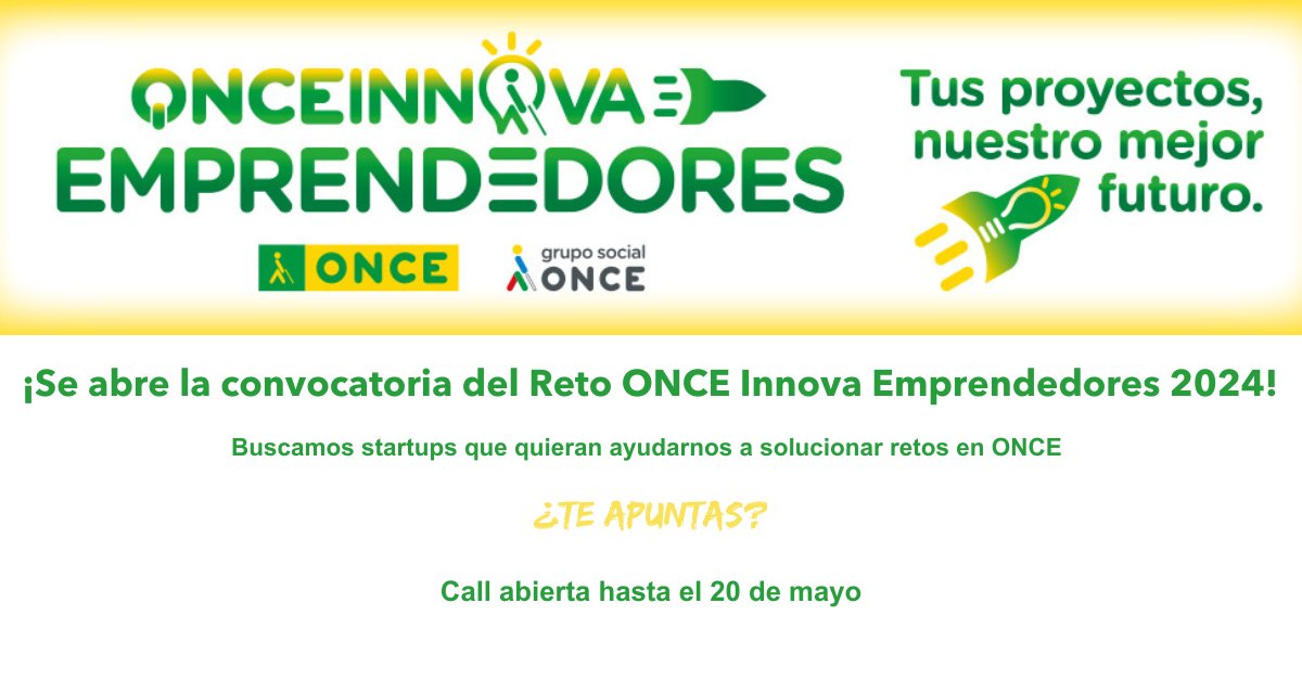 Ya está en marcha el #RetoONCEInnovaEmprendedores

Aprende cómo la inclusión puede ser una oportunidad de negocio.🚀 ¡Apúntate al Reto y participa en el Bootcamp de Innovación Inclusiva de @ONCE_oficial  Innova hasta el 20 de mayo.

Apúntate aquí 👇
gruposocialonce.com/onceinnova/emp…