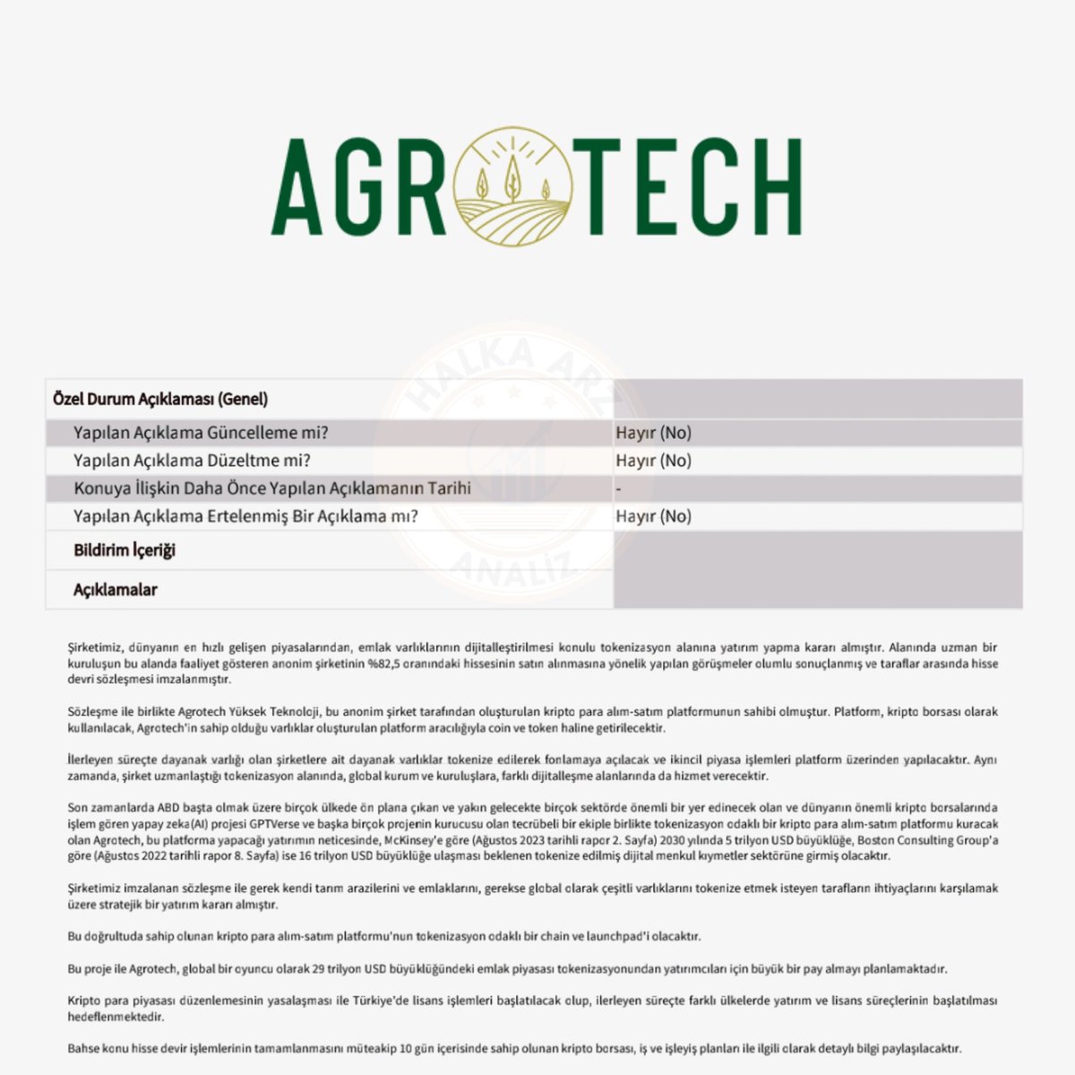 📢 Agrotech Yüksek Teknoloji #AGROT emlak varlıklarının dijitalleştirilmesi konulu tokenizasyon alanına yatırım yapmak için bu alanda faaliyet gösteren bir anonim şirketin %82,5 oranındaki hissesinin satın alınması konusunda anlaşmaya varıldığını, imzalanan hisse devri sözleşmesi…