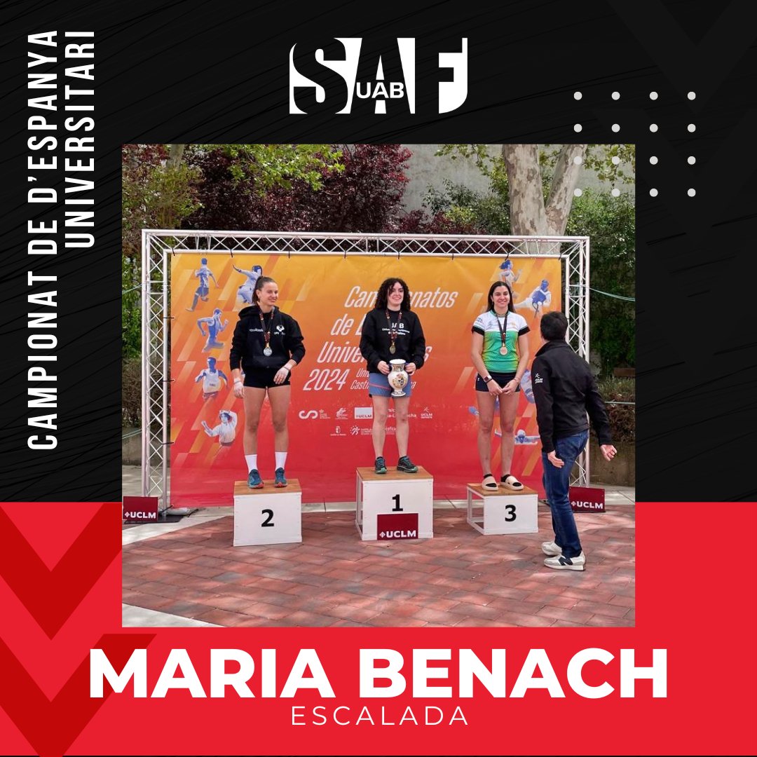 👏 MARIA BENACH 👏

🧗‍♀️ La #UABer de @uabpsicologia de la @UABBarcelona, MEDALLA D'OR🥇 en la modalitat #Dificultat i la MEDALLA DE BRONZE🥉 en la modalitat de #Bloc!

💯 En els Campionats d’Espanya Universitaris d’Escalada 2️⃣0️⃣2️⃣4️⃣ celebrats a #Conca!

MOLTES FELICITATS! 🥳