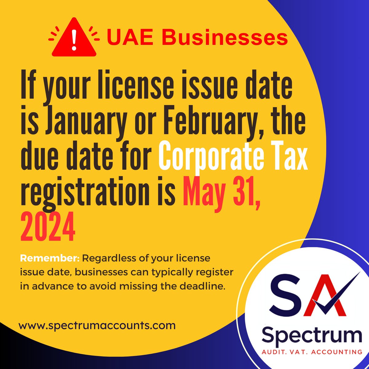 Corporate Tax Registration Deadline. Avoid AED 10,000 Penalty.

Refer blog for more info: spectrumaccounts.com/time-line-for-…

visit spectrumaccounts.com
📧 info@spectrumaccounts.com

#UAECT #deadline #ctdeadline #registration #ct #corporatetax #spectrumauditing #spectrumaccounting

­