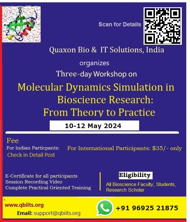 Registration Link: bit.ly/3UKjo6QOnly 2 day remain to register must join this workshop to explore the MD simulation using #NAMD 
#bioinformatics #computationalbiology #mdsimulation #NAMD #VMD #bioscience #proteinfolding #microbiology #drugdesign #workshop #BREAKING_NEWS