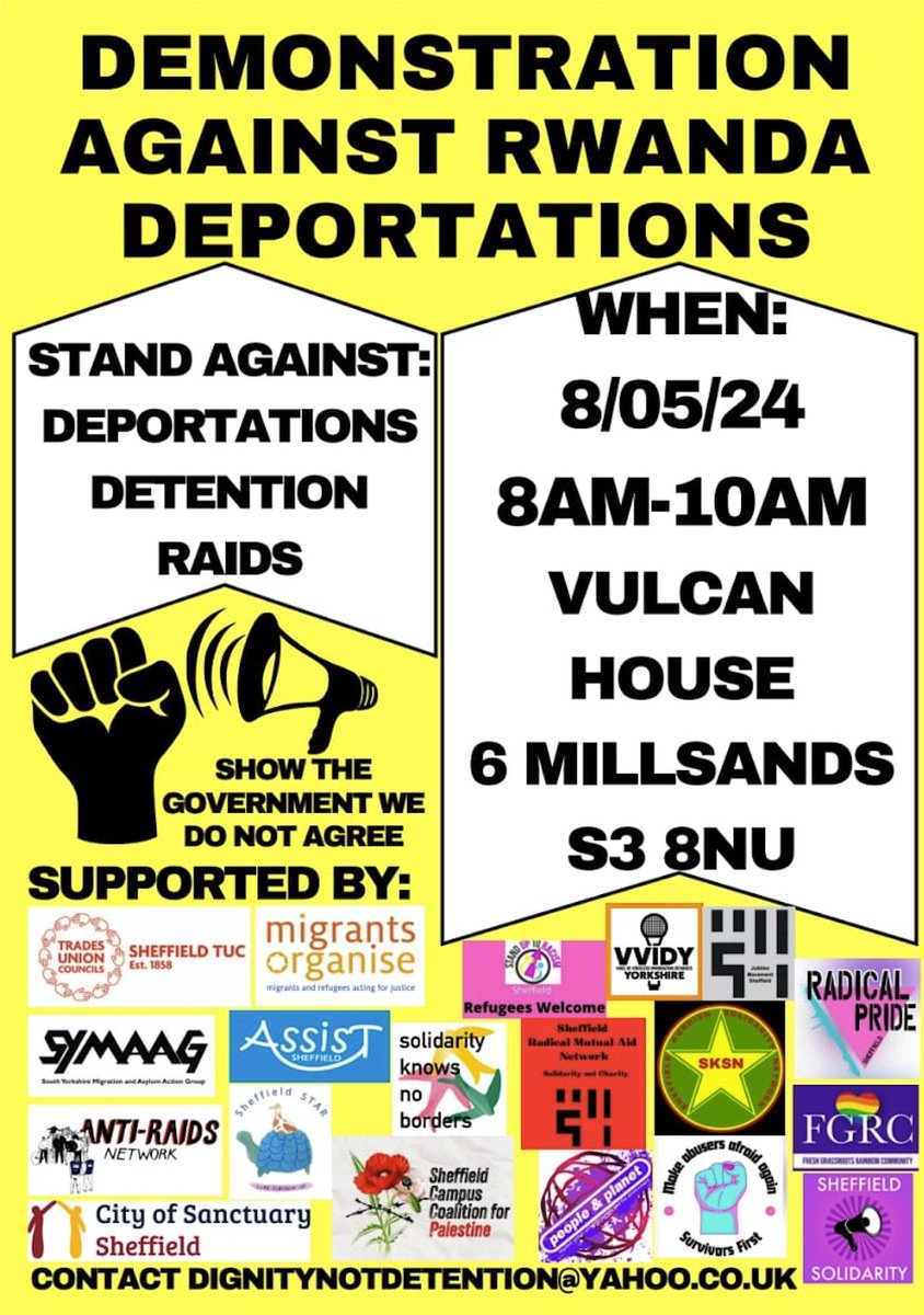 Starting soon, early morning protest in Sheffield, 8am-10am at the Home Office reporting centre #StopRwanda