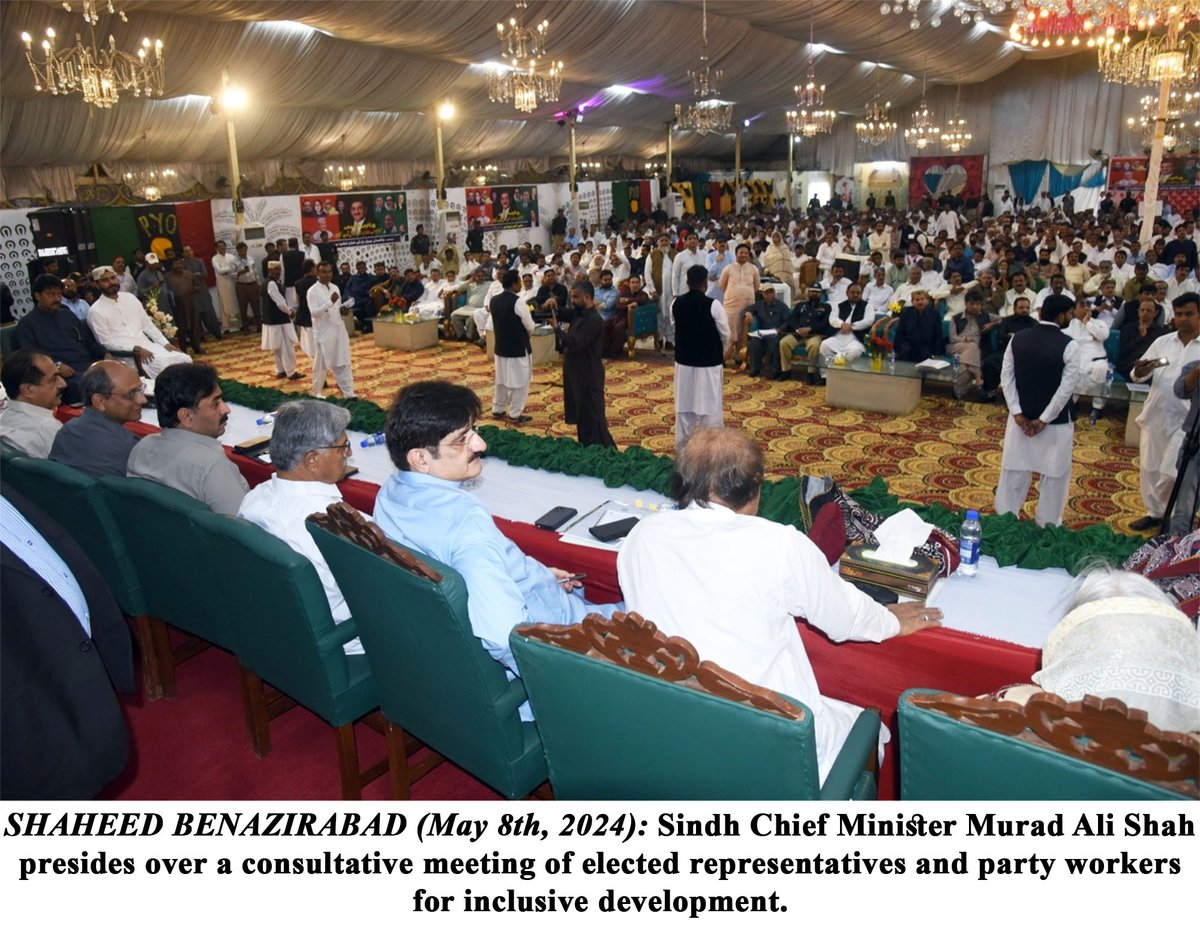SHAHEED BENAZIRABAD (May 8): Sindh Chief Minister Syed Murad Ali Shah presides over a consultative meeting of elected representatives and party workers for inclusive development.